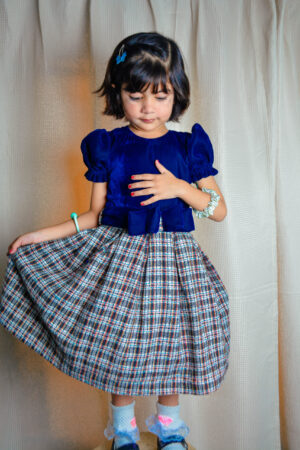 GIRLS ROYAL VELVET TOP &CHECKBOTTOM FROCK
