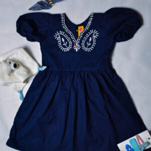 NAVY BLUE BABY GIRLS FROCK WITH TRADITIONAL EMBORIDERY ON NECKLINE