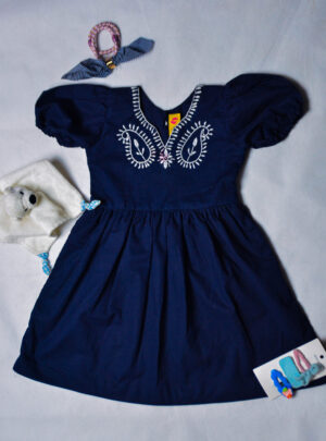 NAVY BLUE BABY GIRLS FROCK WITH TRADITIONAL EMBORIDERY ON NECKLINE