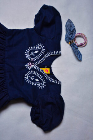 NAVY BLUE BABY GIRLS FROCK WITH TRADITIONAL EMBORIDERY ON NECKLINE - Image 3