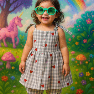 "Hand-Embroidered Gingham Heart Dress for Girls – 50% OFF – Now Only Rs.1899"