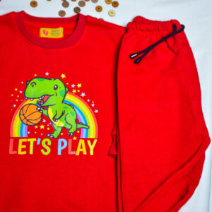 Trendy Red Fleece Tracksuit for Boys (Ages 1-6) Featuring a Cute Dinosaur Cartoon