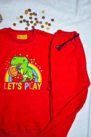Trendy Red Fleece Tracksuit for Boys (Ages 1-6) Featuring a Cute Dinosaur Cartoon