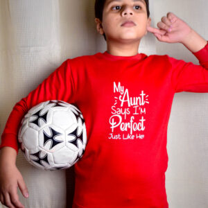 Red Fleece Shirt for Boys (6-12 Years) – "My Aunt Says I’m Perfect Like Her"