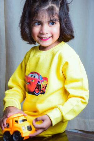 Unisex Yellow Fleece Tracksuit with Fun Car Print "Ages 1-6"