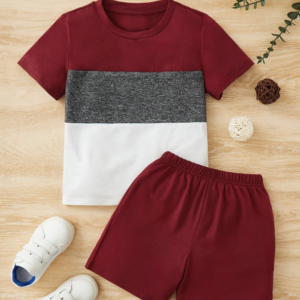 Maroon & Gray Panel T-Shirt with Matching Shorts – Comfy Jersey | Kids (Ages 1-12)