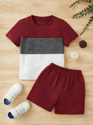 Maroon & Gray Panel T-Shirt with Matching Shorts – Comfy Jersey | Kids (Ages 1-12)