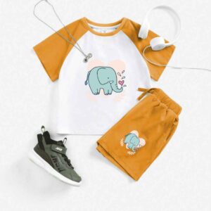 Adorable Mustard & White Raglan T-Shirt with Elephant Heart Print & Matching Shorts (1-12)