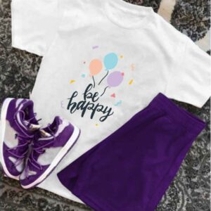 White "Be Happy" Balloon Print T-Shirt & Purple Shorts Set for Kids (1-12 Years)