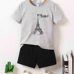Stylish Gray T-Shirt & Black Shorts Set with Eiffel Tower Paris Print (1-12 Years)