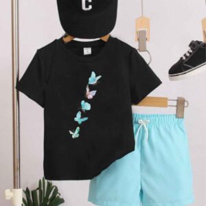 Stylish Black T-Shirt  Butterfly Print with Aqua Shorts for Kids (1-12 Years)