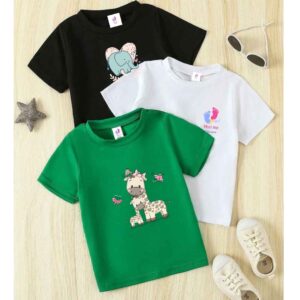 Trendy Trio: Pack of 3 Stylish Tees for Kids – Green, White & Black  (1to12)