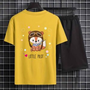 Sky-High Style! Yellow Pilot Print T-Shirt with Black Shorts – Trendy & Comfortable Outfit (1to12)