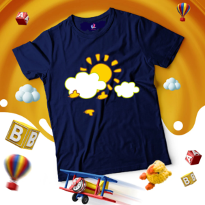 : Navy Blue Sun, Clouds & Flying Birds Printed T-Shirt – Trendy & Comfortable Tee