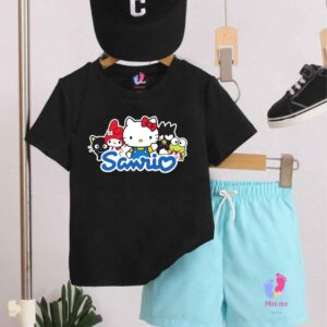 Trendy Kids' Cartoon Print Black Tee & Aqua Shorts Set  for(Ages 1-12)