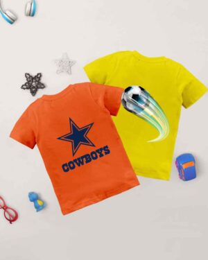Pack of 2 Boys' T-Shirts – Cowboy & Football Prints (Orange & Yellow)