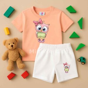 Sunblush Peach Tee with Crisp White Breeze Shorts – Summer Ready Elegance  Description: