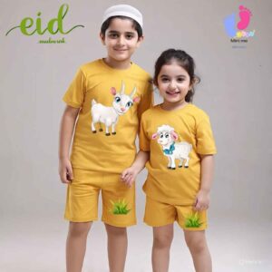 Eid Goat Print Yellow T-Shirt Set for Kids | Soft Cotton Unisex Outfit – Age 1–12