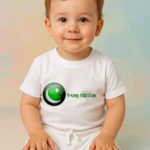 Young Pakistan Printed White T-Shirt and Shorts Set for Kids – Independence Day Outfit in Soft Cotton