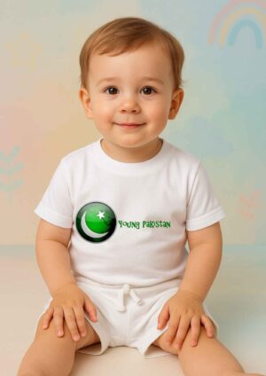 Young Pakistan Printed White T-Shirt and Shorts Set for Kids – Independence Day Outfit in Soft Cotton