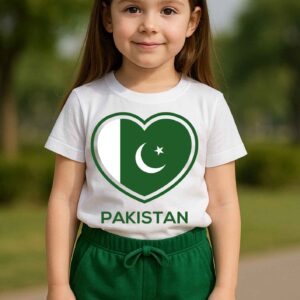 Smiling girl wearing white Independence Day T-shirt with heart-shaped Pakistan flag design and green shorts – Mini Me Kids Wear