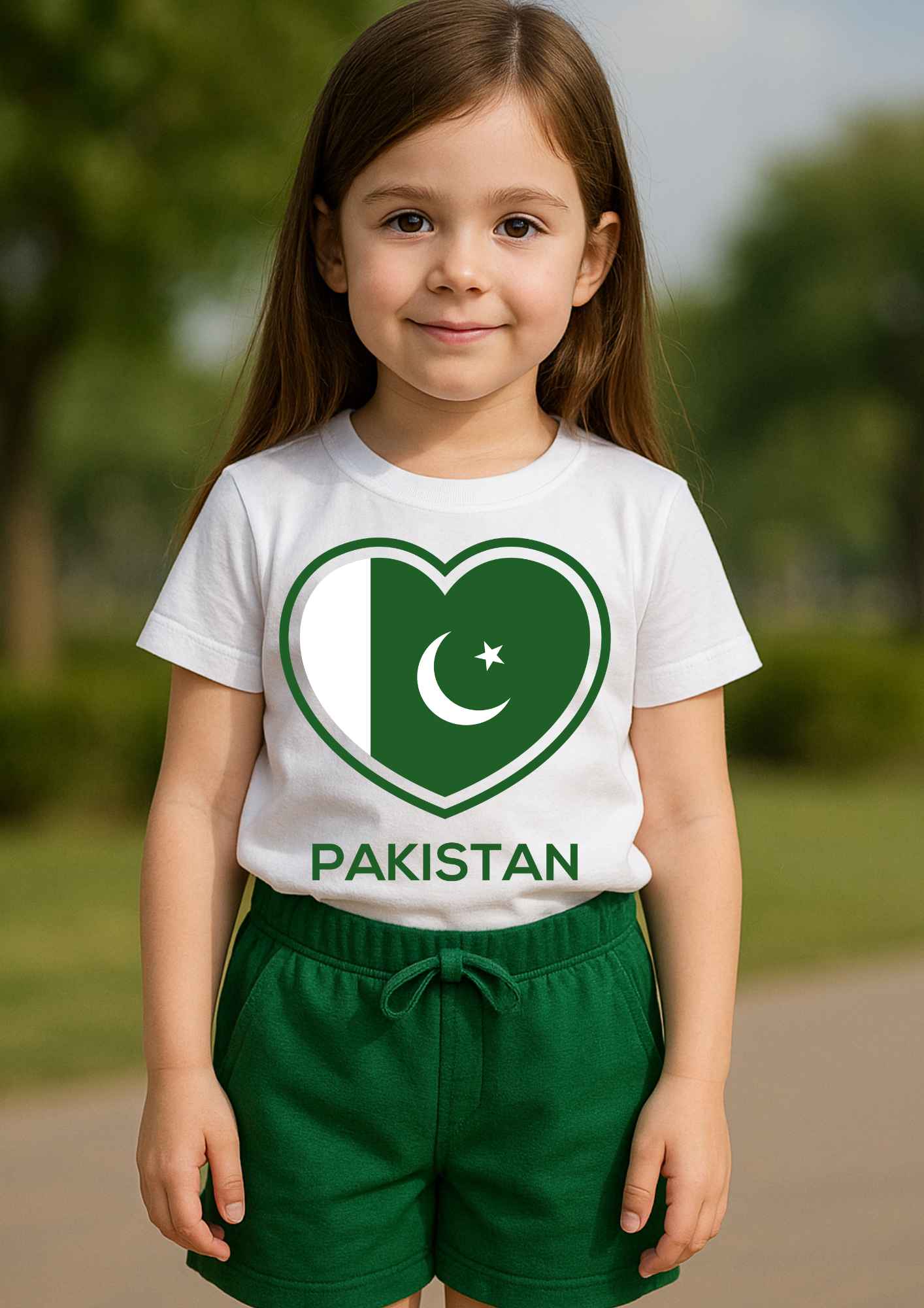 Smiling girl wearing white Independence Day T-shirt with heart-shaped Pakistan flag design and green shorts – Mini Me Kids Wear