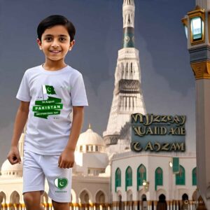 White Independence Day outfit for kids featuring printed 14 August T-shirt and matching white cotton shorts – perfect for patriotic celebrations and summer comfort
