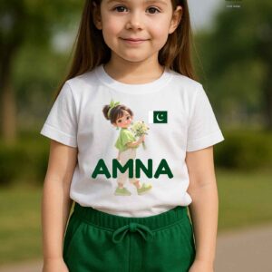 "Little Pakistani girl wearing custom Amna 14th August t-shirt with flag and cartoon print – Mini Me Kidswear"