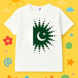 "White cotton T-shirt for kids with 14 August print – breathable summer wear for Independence Day events in Pakistan"