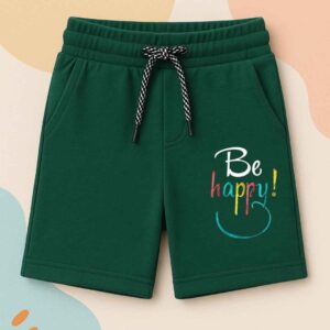 Bottle green cotton jersey shorts for 1TO12year-old boys with black and white drawstring and hidden pockets, perfect for summer casual wear.
