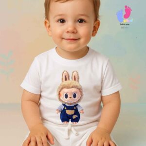 White T-shirt for boys featuring quirky Labubu print and Labubu text, stylish kids wear