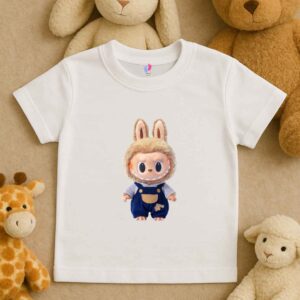 White T-shirt for boys featuring quirky Labubu print and Labubu text, stylish kids wear