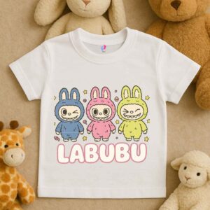 White T-shirt for girls with cute Labubu print and Labubu text, trendy kids clothing