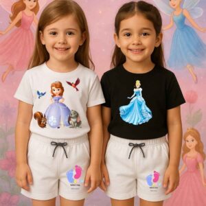 "White Princess Printed T-Shirt with Cotton Shorts for Girls – Mini Me Kids Wear" "Black Princess Printed T-Shirt with Shorts for Girls – Comfortable Cotton Outfit" "Pack of 3 Girls Princess Printed Cotton Kids Wear – T-Shirts & Shorts Set"