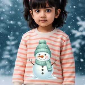 Kids winter sweatshirt Pakistan – offwhite base with peach pink stripes and snowman print, cozy cotton for girls