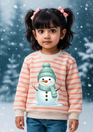 Kids winter sweatshirt Pakistan – offwhite base with peach pink stripes and snowman print, cozy cotton for girls