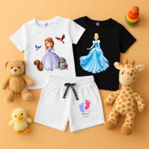 "White Princess Printed T-Shirt with Cotton Shorts for Girls – Mini Me Kids Wear" "Black Princess Printed T-Shirt with Shorts for Girls – Comfortable Cotton Outfit" "Pack of 3 Girls Princess Printed Cotton Kids Wear – T-Shirts & Shorts Set"