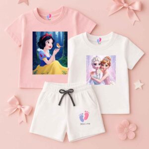 Pack of 3 Baby Girls T-Shirts and White Shorts featuring Sleeping Beauty and Frozen prints – premium cotton summer wear