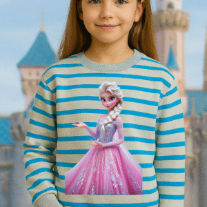 Frozi striped girls sweatshirt with Frozen print for ages 1–12 years.