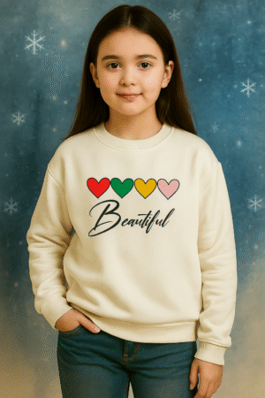 Off-White girls Winter Sweatshirt with Pastel Hearts – Ages 6y to 12y