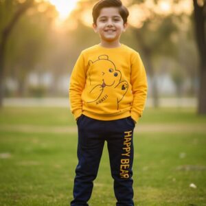 Happy Bear printed kids winter tracksuit for boys made with soft cotton fleece warm night suits