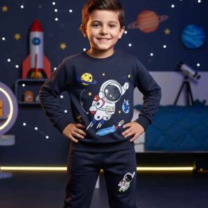 Space Astronaut Printed Kids Winter Tracksuit – Premium Cotton Fleece | Boys Warm Night & Casual Wear (Ages1 –10)