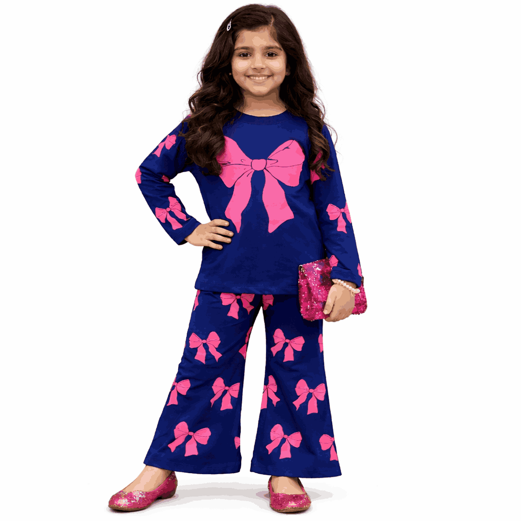Girls Navy Bow Cotton Jersey Co-Ord Set – Soft Summer Outfit for Ages 1–10 Years