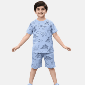 Boy wearing blue cotton dinosaur summer co-ord set with breathable t-shirt and shorts