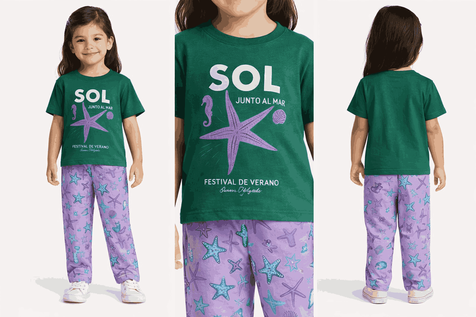 Girl wearing green cotton T-shirt with sea star print and lavender pajama set for summer