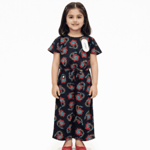 Girl wearing navy blue floral printed jumpsuit with wide leg design and elastic waist summer outfit for kids