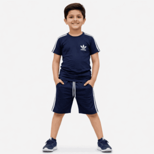Kids navy blue cotton sports t-shirt and shorts set with black side stripes and elastic waistband