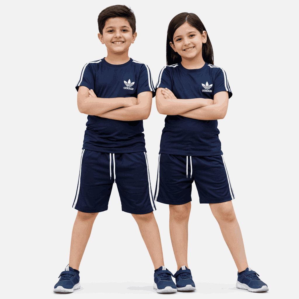 Kids navy blue cotton sports t-shirt and shorts set with black side stripes and elastic waistband I