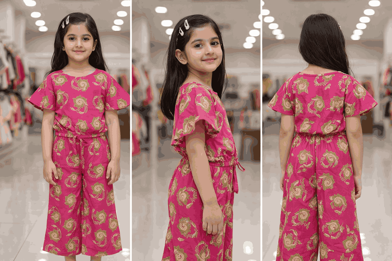 Girls Pink Printed Cotton Jumpsuit – Summer Flutter Sleeve Wide Leg Outfit - Image 2