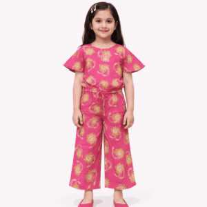 Girls Pink Printed Cotton Jumpsuit – Summer Flutter Sleeve Wide Leg Outfit